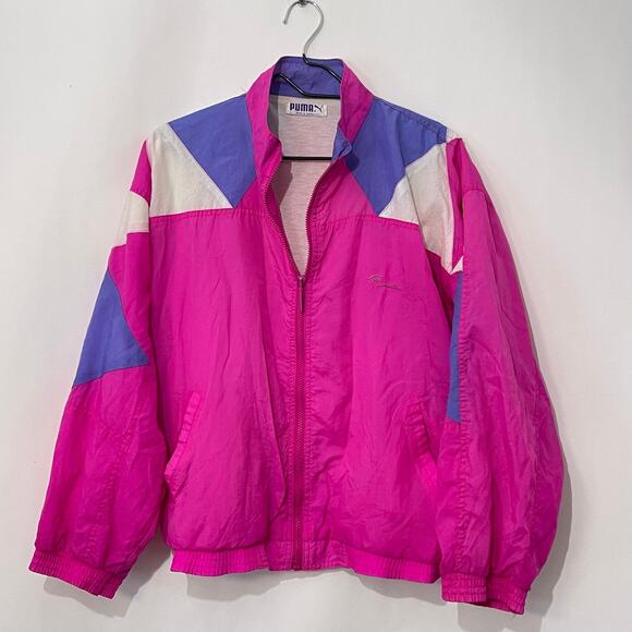 PUMA Athletic Wear Track Jacket Windbreaker Womens Large 80's 90's Hot Pink - Picture 1 of 12